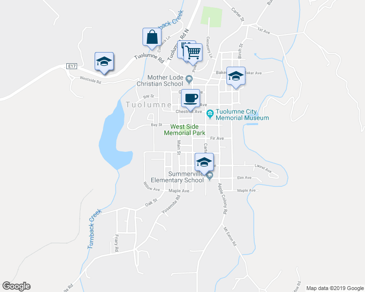 map of restaurants, bars, coffee shops, grocery stores, and more near 18383 Hodge Avenue in Tuolumne