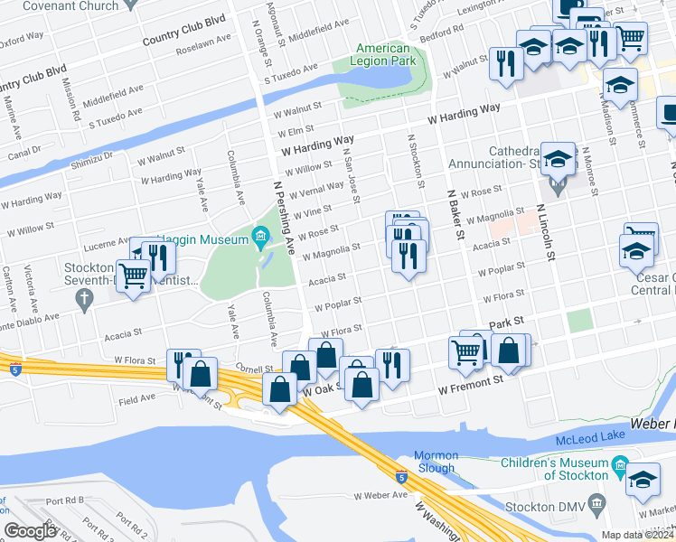 map of restaurants, bars, coffee shops, grocery stores, and more near 1144 West Magnolia Street in Stockton