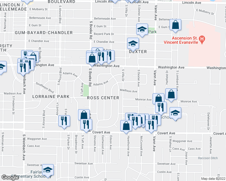 map of restaurants, bars, coffee shops, grocery stores, and more near 1212 Corregidor Circle in Evansville