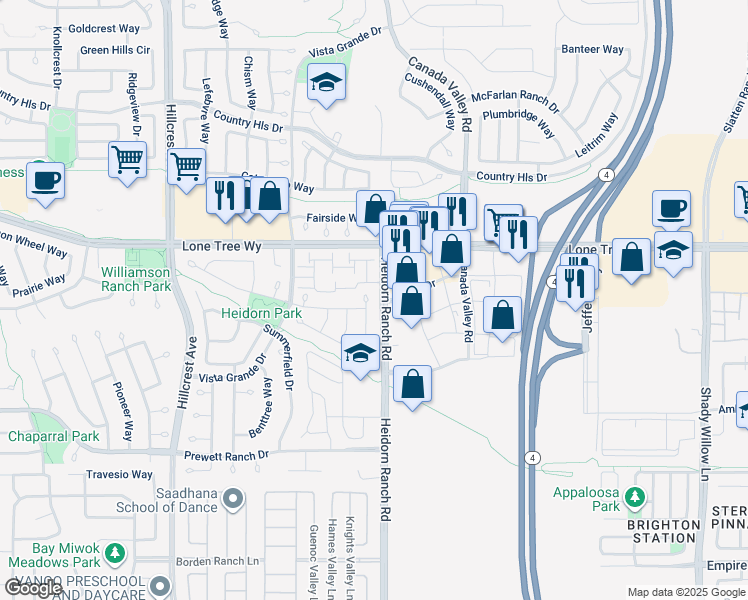 map of restaurants, bars, coffee shops, grocery stores, and more near 5004 Havenrock Court in Antioch
