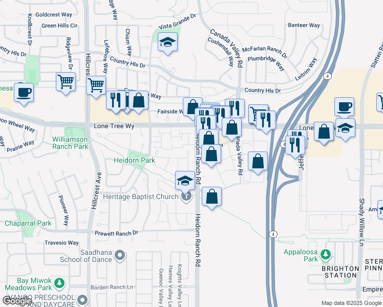 map of restaurants, bars, coffee shops, grocery stores, and more near 5004 Havenrock Court in Antioch