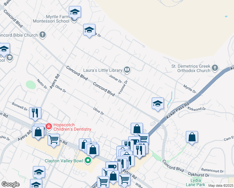 map of restaurants, bars, coffee shops, grocery stores, and more near 5247 Phillips Place in Concord
