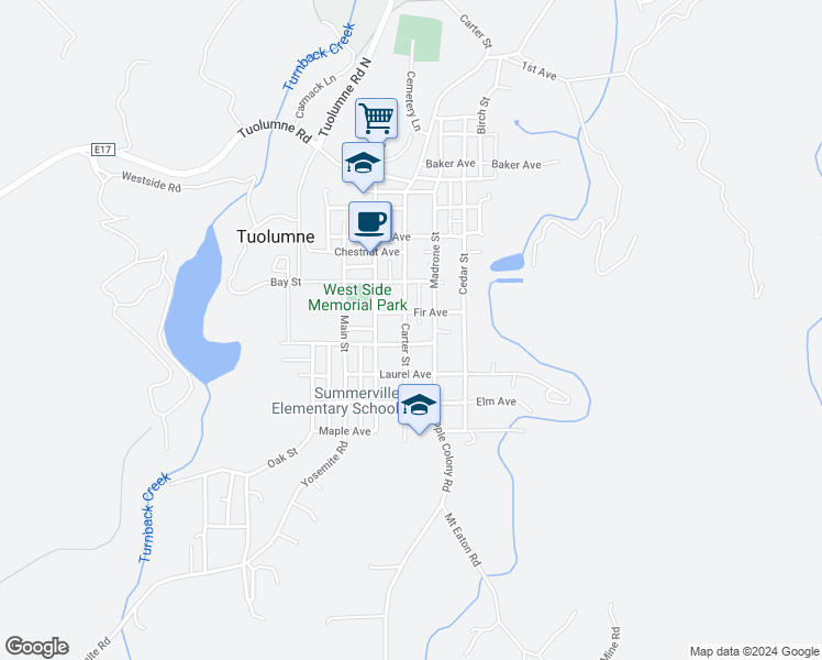 map of restaurants, bars, coffee shops, grocery stores, and more near 18565 Carter Street in Tuolumne