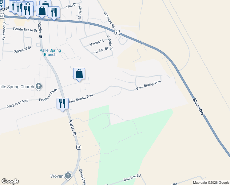 map of restaurants, bars, coffee shops, grocery stores, and more near 1101 Valle Spring Trail in Ste. Genevieve