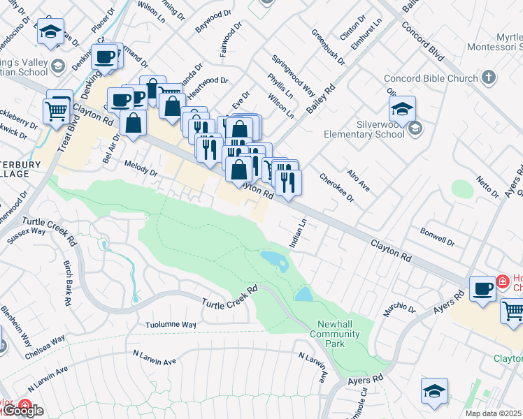 map of restaurants, bars, coffee shops, grocery stores, and more near 4746 Clayton Road in Concord