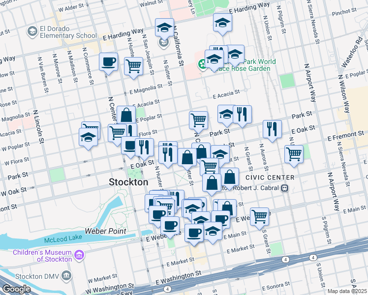 map of restaurants, bars, coffee shops, grocery stores, and more near 628 North Sutter Street in Stockton