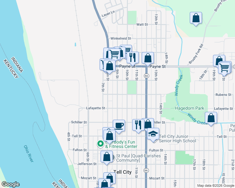 map of restaurants, bars, coffee shops, grocery stores, and more near 1301 9th Street in Tell City