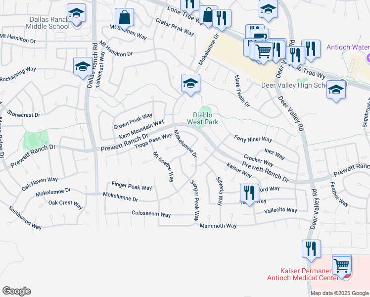 map of restaurants, bars, coffee shops, grocery stores, and more near 2056 Schell Mountain Way in Antioch