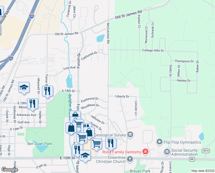 map of restaurants, bars, coffee shops, grocery stores, and more near 2001 McCutchen Road in Rolla