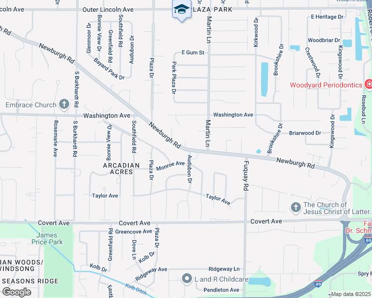 map of restaurants, bars, coffee shops, grocery stores, and more near 7176 Newburgh Road in Evansville