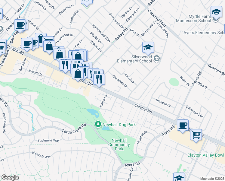 map of restaurants, bars, coffee shops, grocery stores, and more near 1505 Parkwood Court in Concord