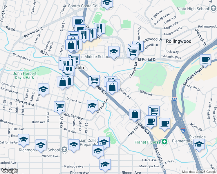 map of restaurants, bars, coffee shops, grocery stores, and more near 2235 Church Lane in San Pablo