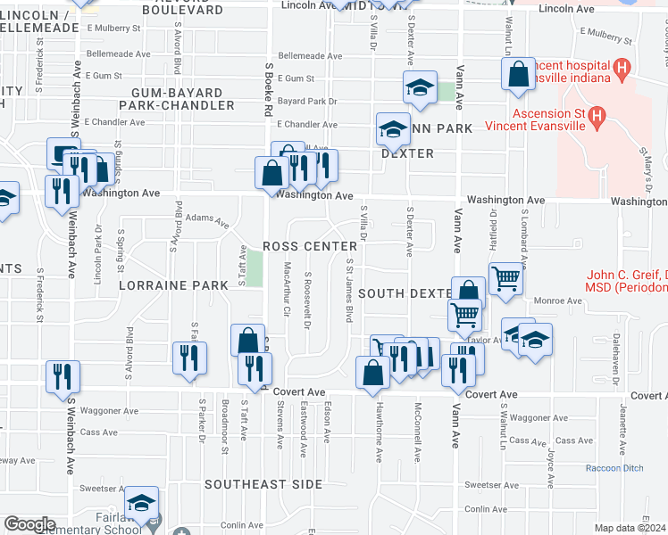 map of restaurants, bars, coffee shops, grocery stores, and more near 1210 Corregidor Circle in Evansville