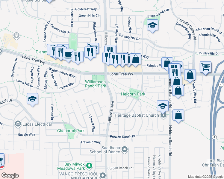 map of restaurants, bars, coffee shops, grocery stores, and more near 5344 Rockrose Court in Antioch