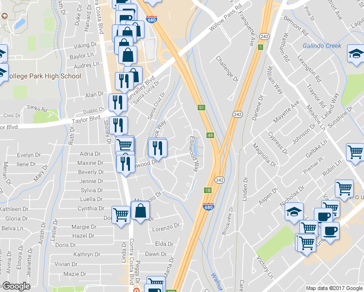 map of restaurants, bars, coffee shops, grocery stores, and more near 342 Rock Creek Way in Pleasant Hill