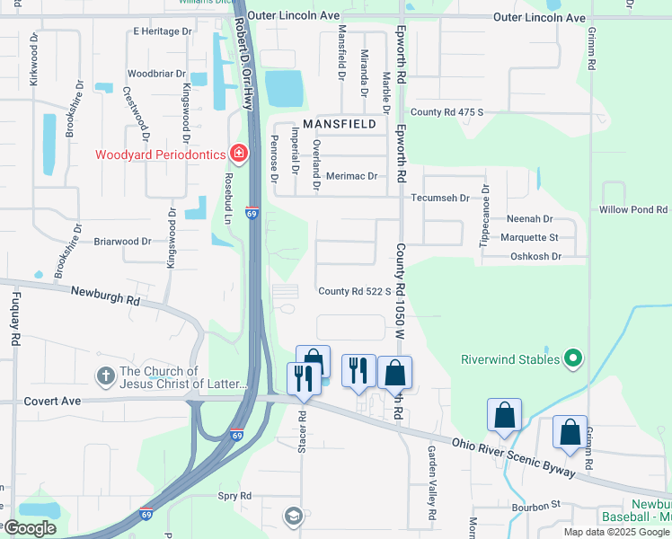 map of restaurants, bars, coffee shops, grocery stores, and more near 10677 Monticello Drive in Newburgh
