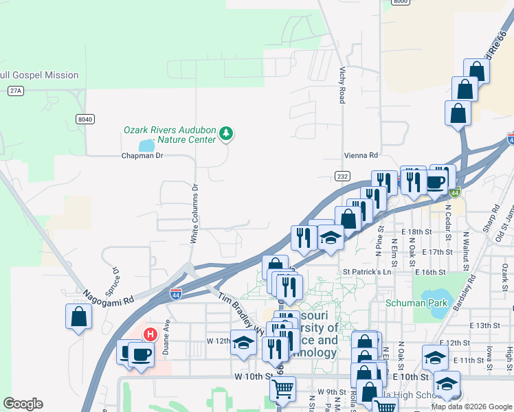 map of restaurants, bars, coffee shops, grocery stores, and more near 807 Collegiate Boulevard in Rolla