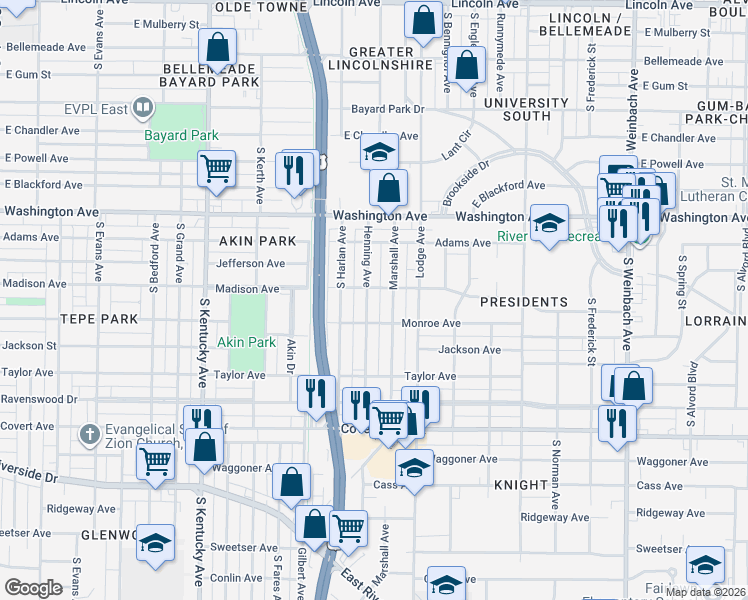 map of restaurants, bars, coffee shops, grocery stores, and more near 1127 Marshall Avenue in Evansville