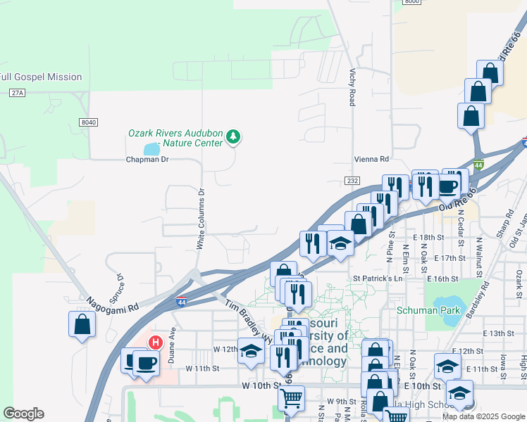 map of restaurants, bars, coffee shops, grocery stores, and more near 807 Collegiate Boulevard in Rolla