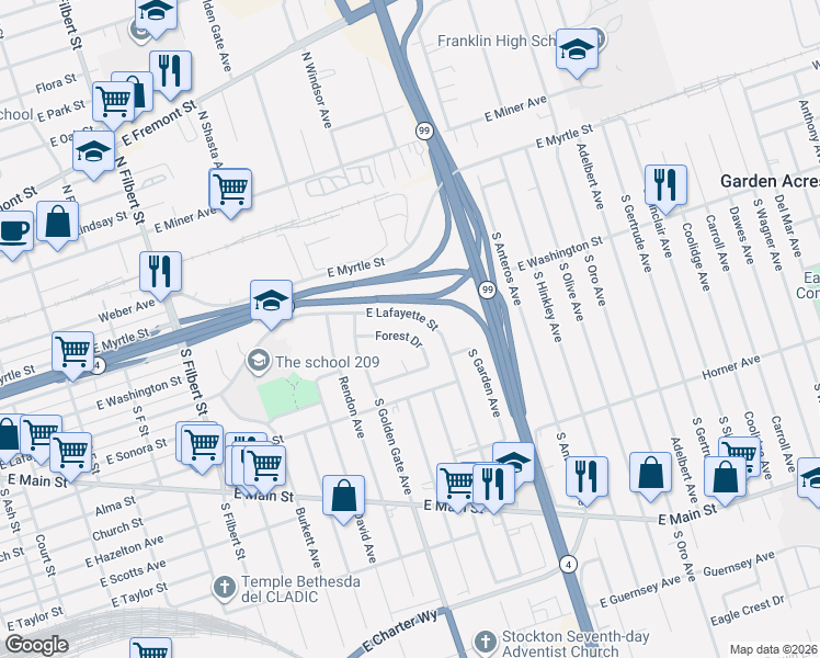 map of restaurants, bars, coffee shops, grocery stores, and more near 3318 East Lafayette Street in Stockton