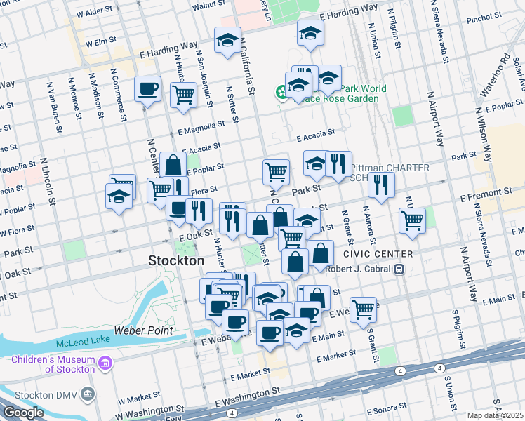 map of restaurants, bars, coffee shops, grocery stores, and more near 425 East Park Street in Stockton