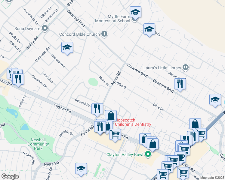map of restaurants, bars, coffee shops, grocery stores, and more near 1623 Ayers Road in Concord