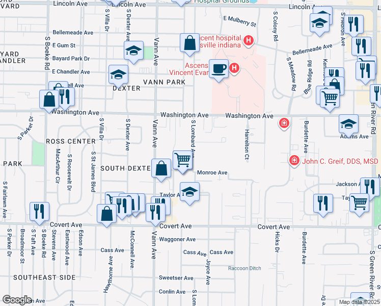 map of restaurants, bars, coffee shops, grocery stores, and more near 3501 Jefferson Avenue in Evansville