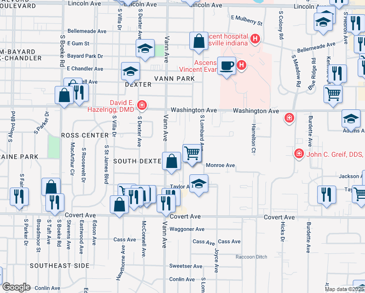 map of restaurants, bars, coffee shops, grocery stores, and more near 1227 Hatfield Drive in Evansville