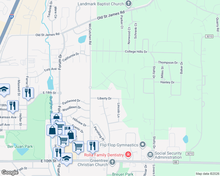 map of restaurants, bars, coffee shops, grocery stores, and more near 1507 Liberty Drive in Rolla