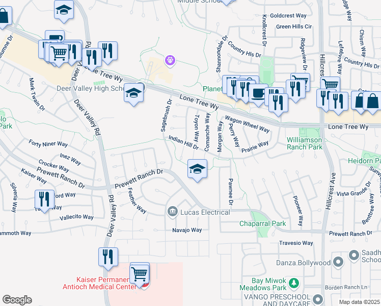 map of restaurants, bars, coffee shops, grocery stores, and more near 5108 Toyon Court in Antioch