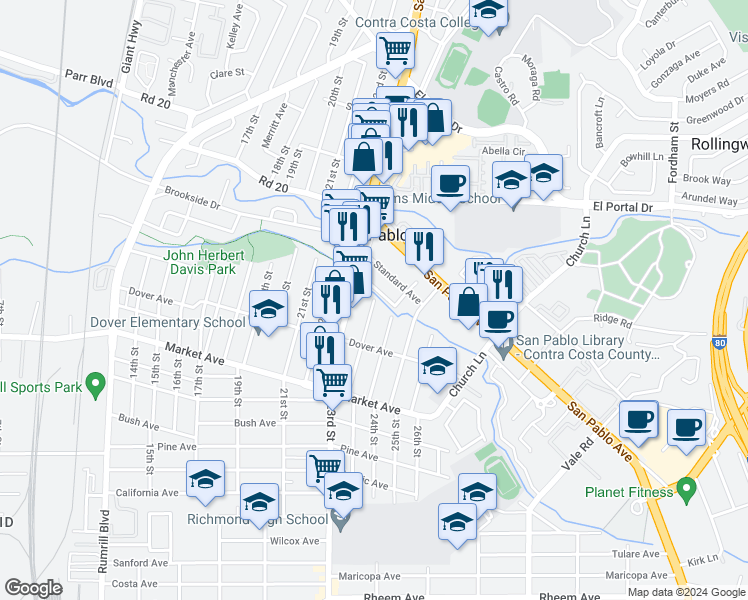 map of restaurants, bars, coffee shops, grocery stores, and more near 1999 Powell Street in San Pablo