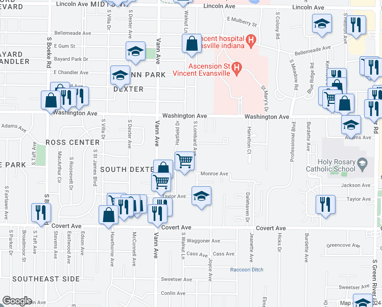 map of restaurants, bars, coffee shops, grocery stores, and more near 1165 South Lombard Avenue in Evansville