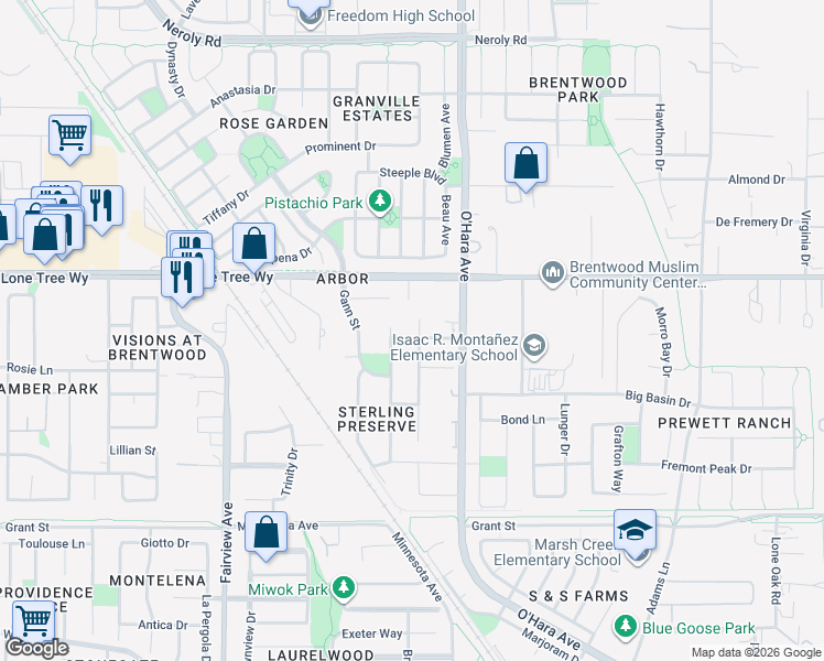 map of restaurants, bars, coffee shops, grocery stores, and more near 2325 Star Lilly Street in Brentwood