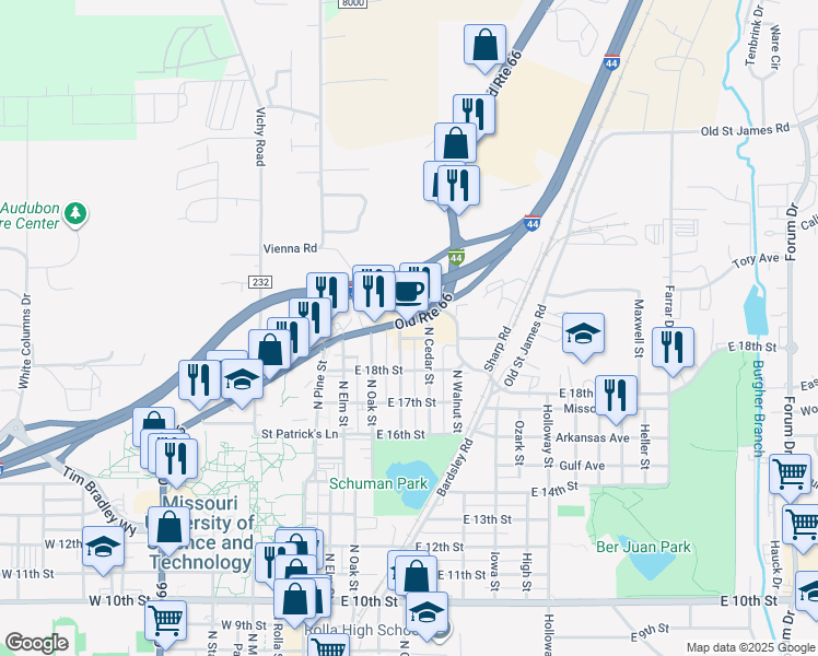 map of restaurants, bars, coffee shops, grocery stores, and more near 1900 North Bishop Avenue in Rolla