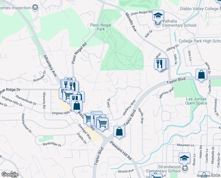 map of restaurants, bars, coffee shops, grocery stores, and more near 70 Exeter Lane in Pleasant Hill