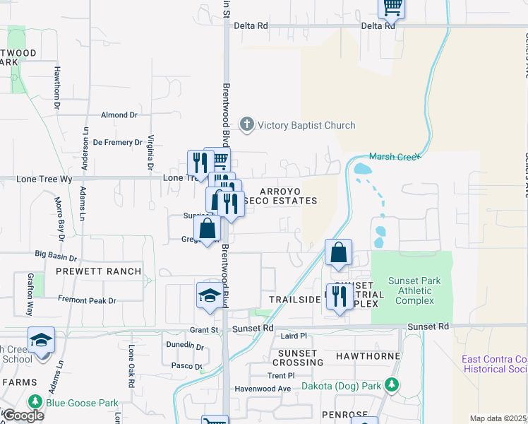 map of restaurants, bars, coffee shops, grocery stores, and more near 176 Pajarito Court in Brentwood