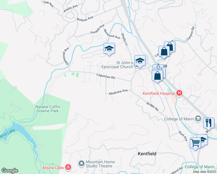 map of restaurants, bars, coffee shops, grocery stores, and more near 7 Woodside Way in San Rafael
