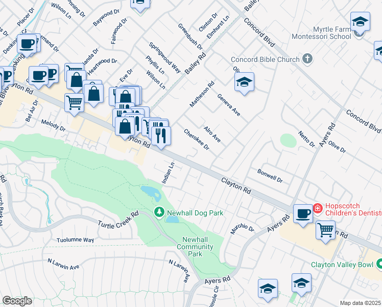 map of restaurants, bars, coffee shops, grocery stores, and more near 1537 Parkwood Place in Concord