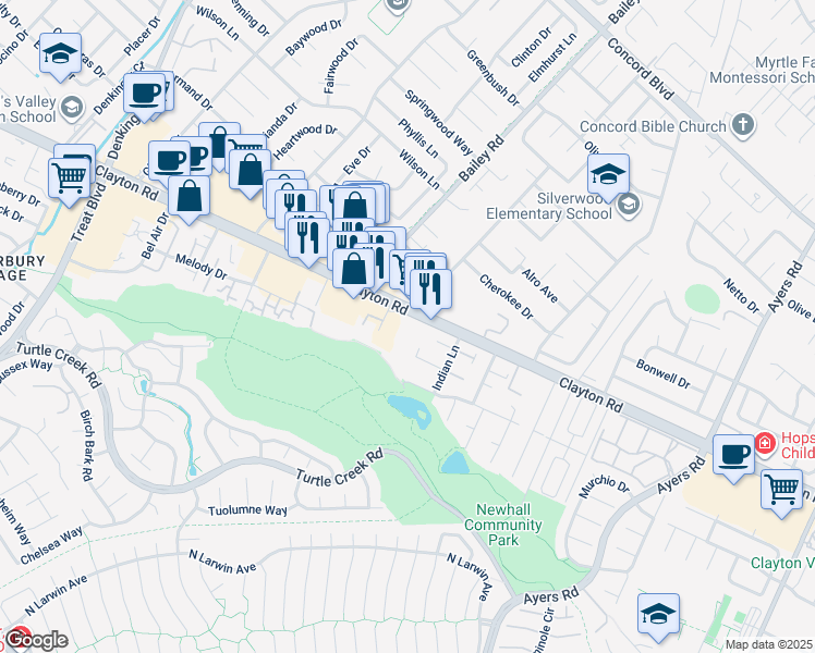 map of restaurants, bars, coffee shops, grocery stores, and more near 4756 Clayton Road in Concord