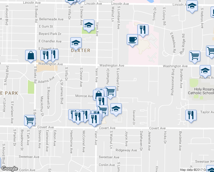 map of restaurants, bars, coffee shops, grocery stores, and more near 1271 Hatfield Drive in Evansville