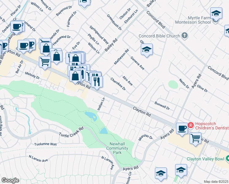 map of restaurants, bars, coffee shops, grocery stores, and more near 1535 Parkwood Place in Concord