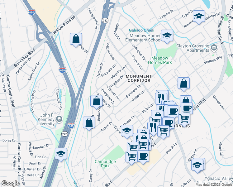 map of restaurants, bars, coffee shops, grocery stores, and more near 1290 Cypress Drive in Concord
