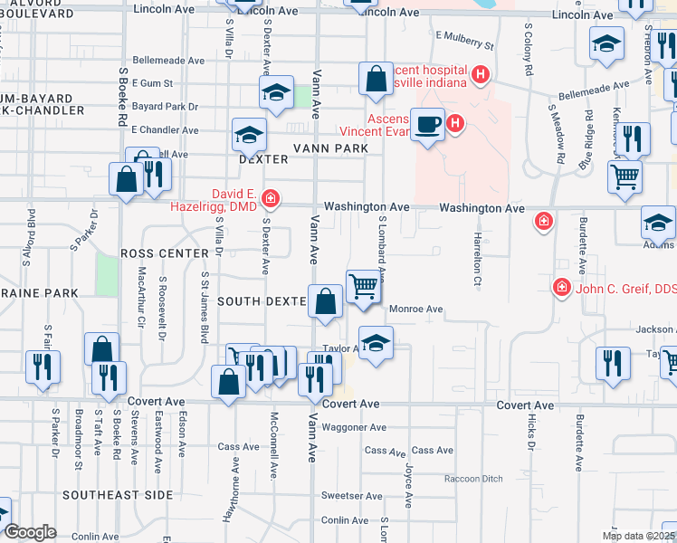 map of restaurants, bars, coffee shops, grocery stores, and more near 1269 Hatfield Drive in Evansville