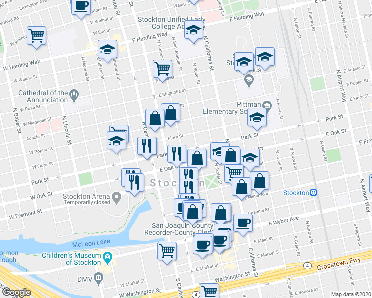 map of restaurants, bars, coffee shops, grocery stores, and more near in Stockton