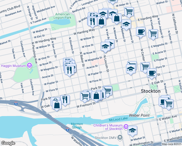 map of restaurants, bars, coffee shops, grocery stores, and more near 728 Acacia Street in Stockton