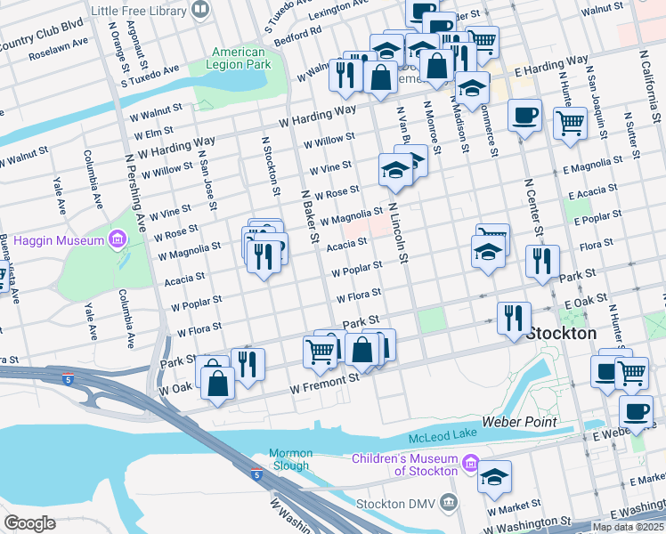 map of restaurants, bars, coffee shops, grocery stores, and more near 728 Acacia Street in Stockton