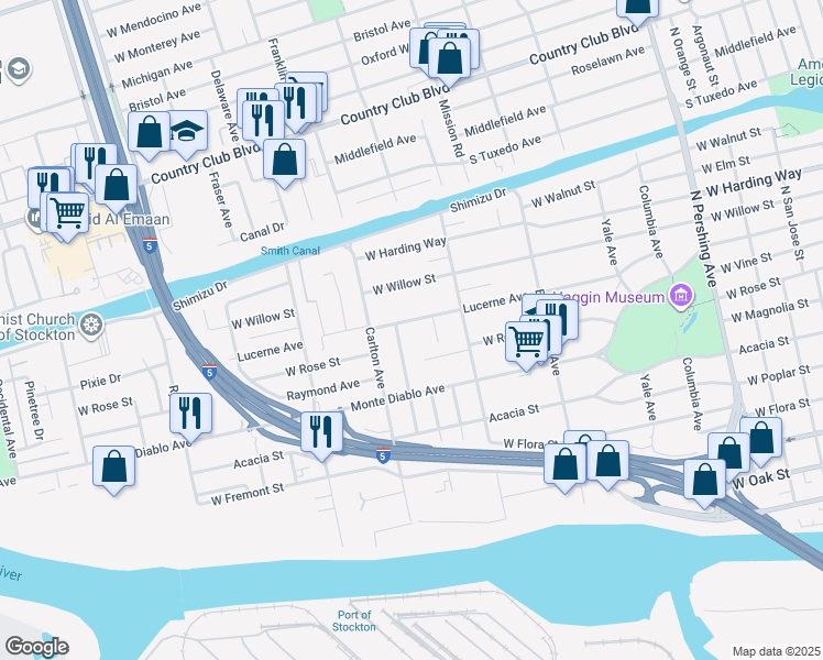 map of restaurants, bars, coffee shops, grocery stores, and more near 2019 Lucerne Avenue in Stockton