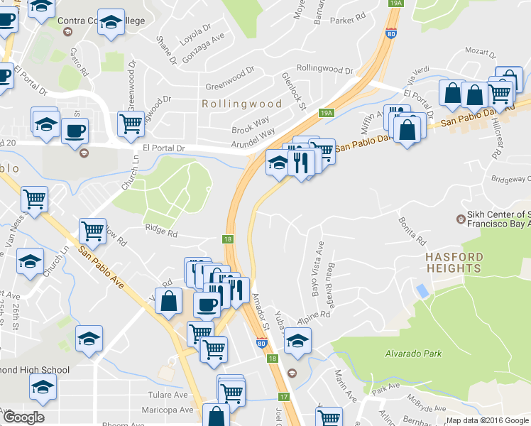 map of restaurants, bars, coffee shops, grocery stores, and more near 5411 Morrow Drive in San Pablo
