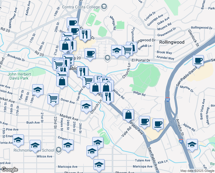 map of restaurants, bars, coffee shops, grocery stores, and more near 2405 Church Lane in San Pablo