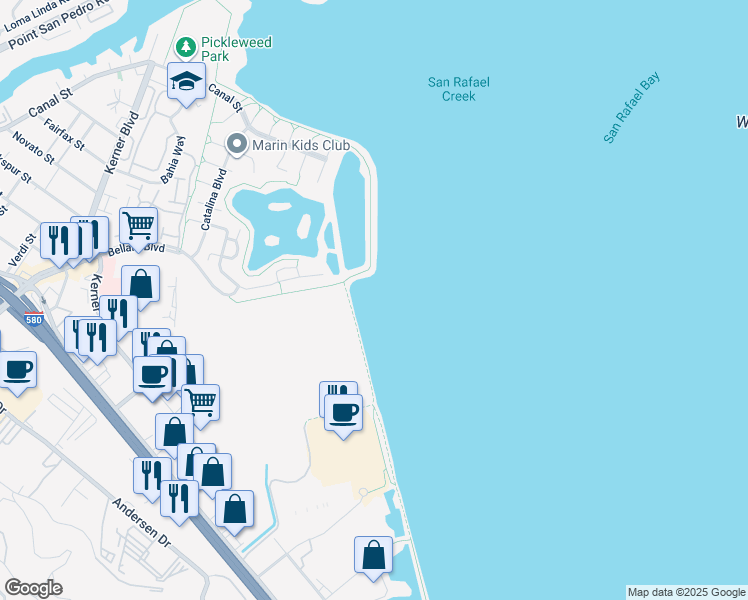 map of restaurants, bars, coffee shops, grocery stores, and more near in San Rafael